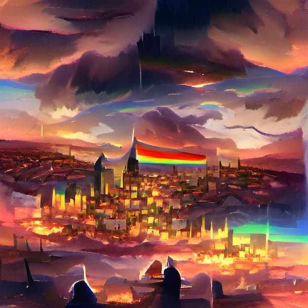 Cityscape at Sunset with Rainbow Sky