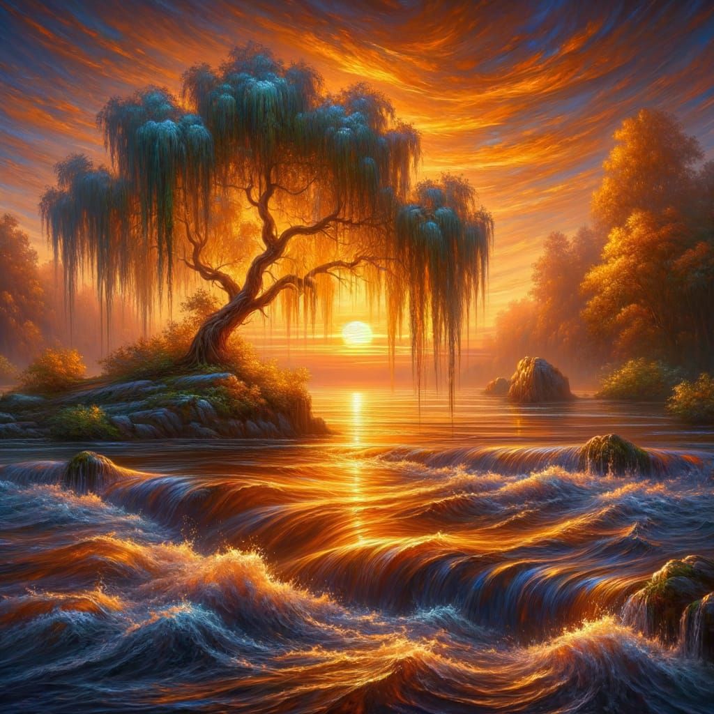 Sunset Riverbank with Weeping Willow Tree