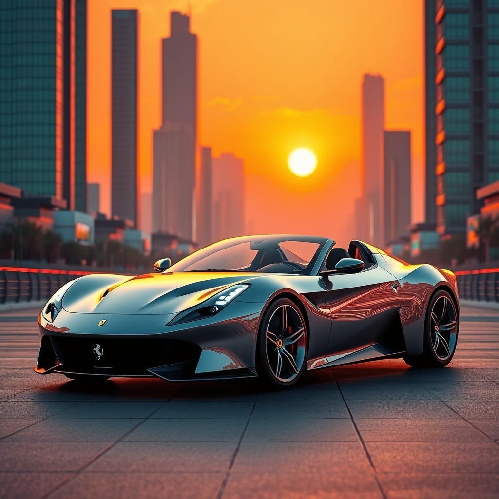 Futuristic Ferrari Convertible in Seoul Sunset