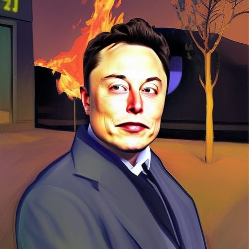 Crying Elon Musk Portrait with Dumpster Fire