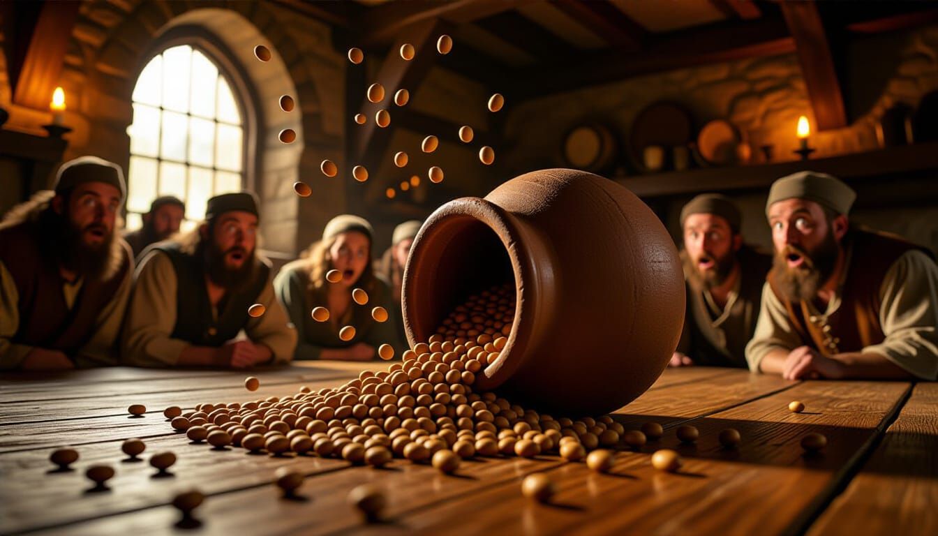 Medieval Tavern Chaos: Jar Spills Beans Mid-Air