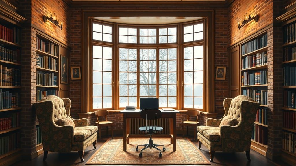 Victorian Library Interior with Winter View in Oil Painting ...