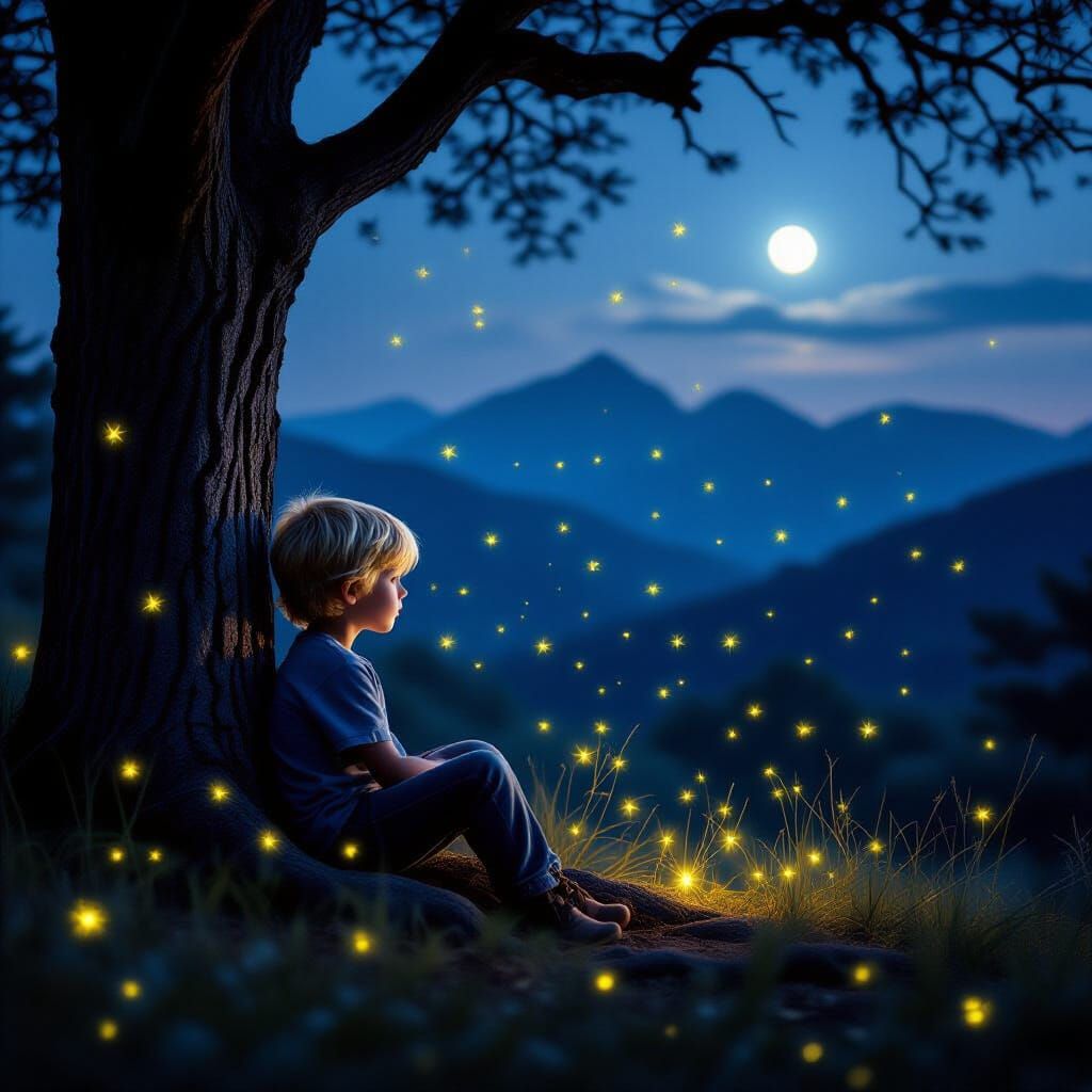 Boy in Smoky Mountains Tree Surrounded by Fireflies at Night