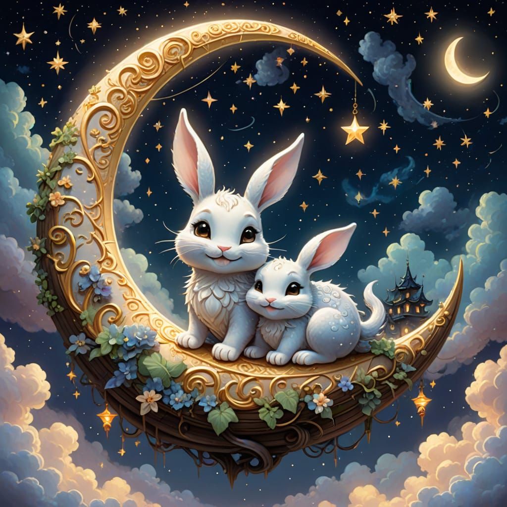 Kawaii Moon with Sleeping Rabbit and Dragon