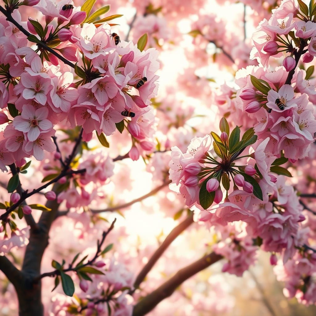 Majestic Almond Tree in Vibrant Bloom, Hyperrealistic Gouach...
