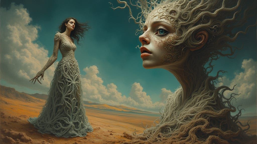 Surrealist Woman Trapped in a Cycle of Fear and Fascination