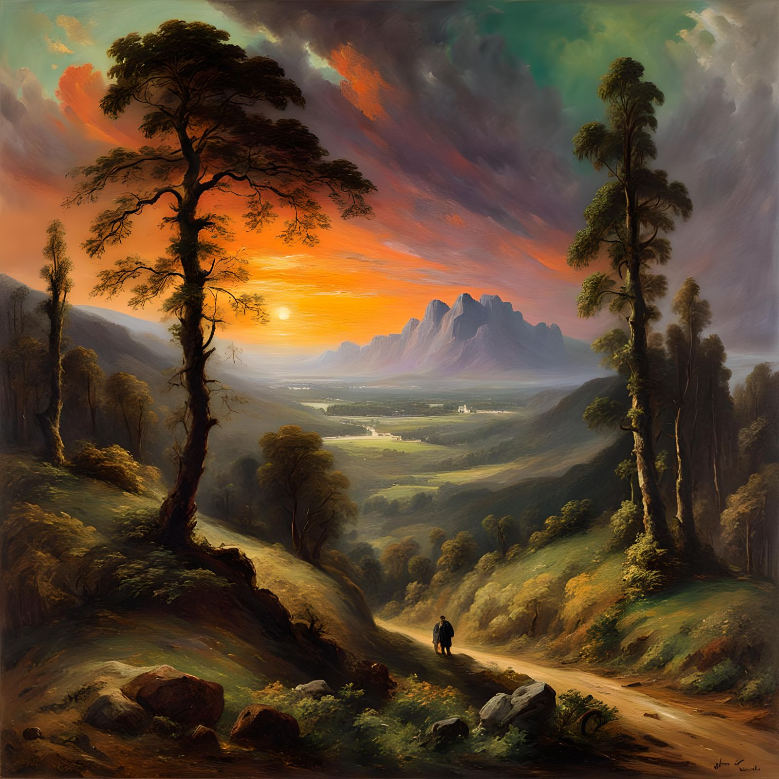 Mountain Landscape Oil Painting with Figure