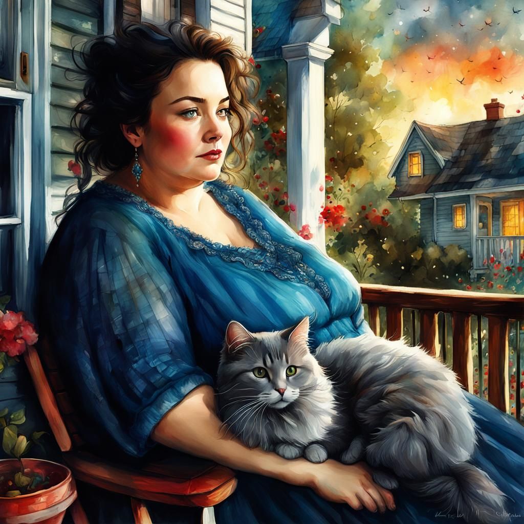 Woman with Cat: Fairycore Watercolor Portrait