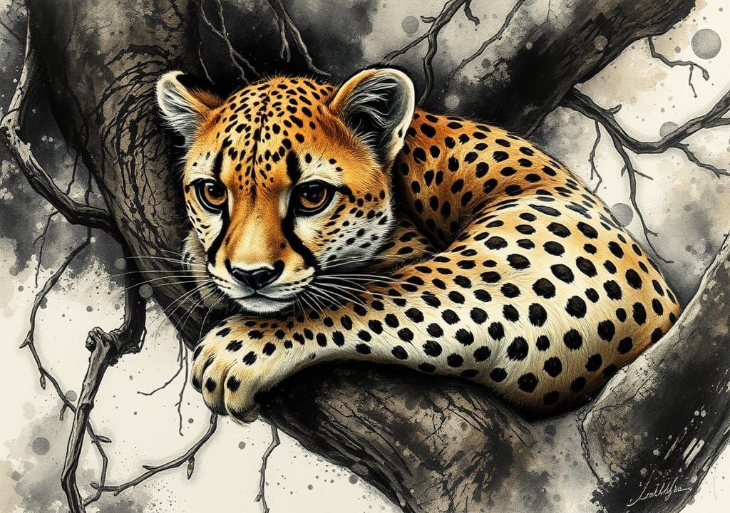 Silk Cheetah in Jungle, Ink Splatter Art