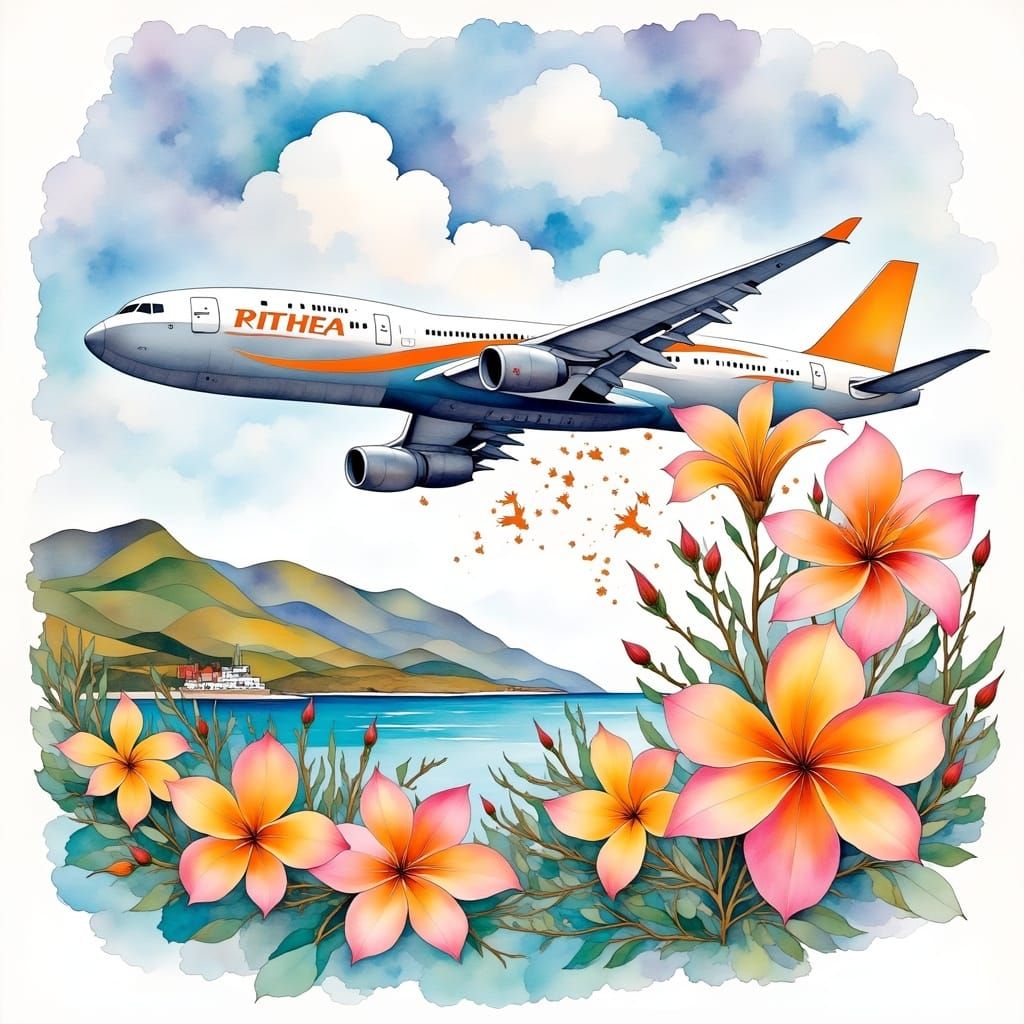 Tropical Island Plane Taking Off in Watercolour