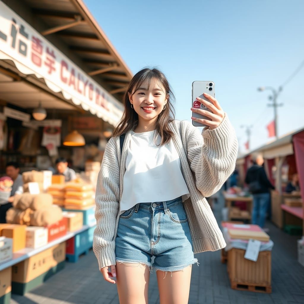 Cheerful Korean Teenager in Outdoor Market Selfie