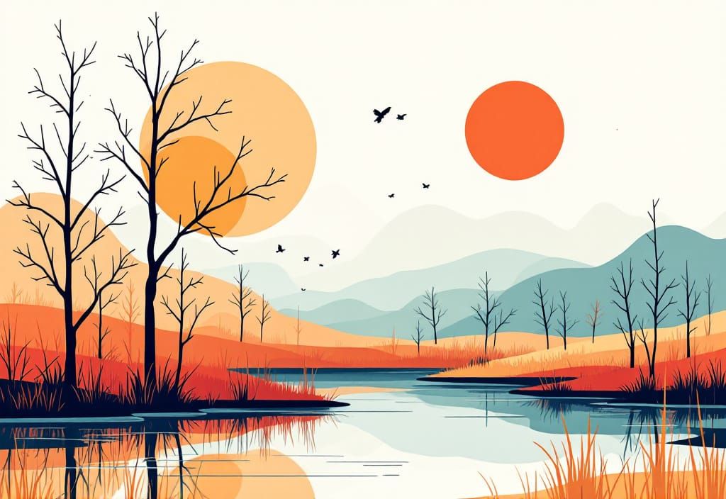 Minimalist Geometric Autumn Landscape with Pond