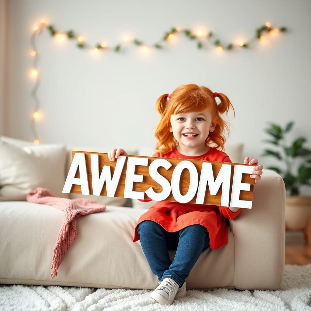 Cozy Girl Holding Wooden Name Sign with Awesome Letters