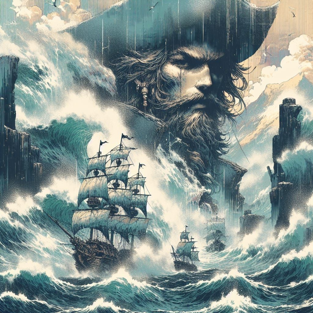 Manhwa Style Pirate Captain Seascape Illustration