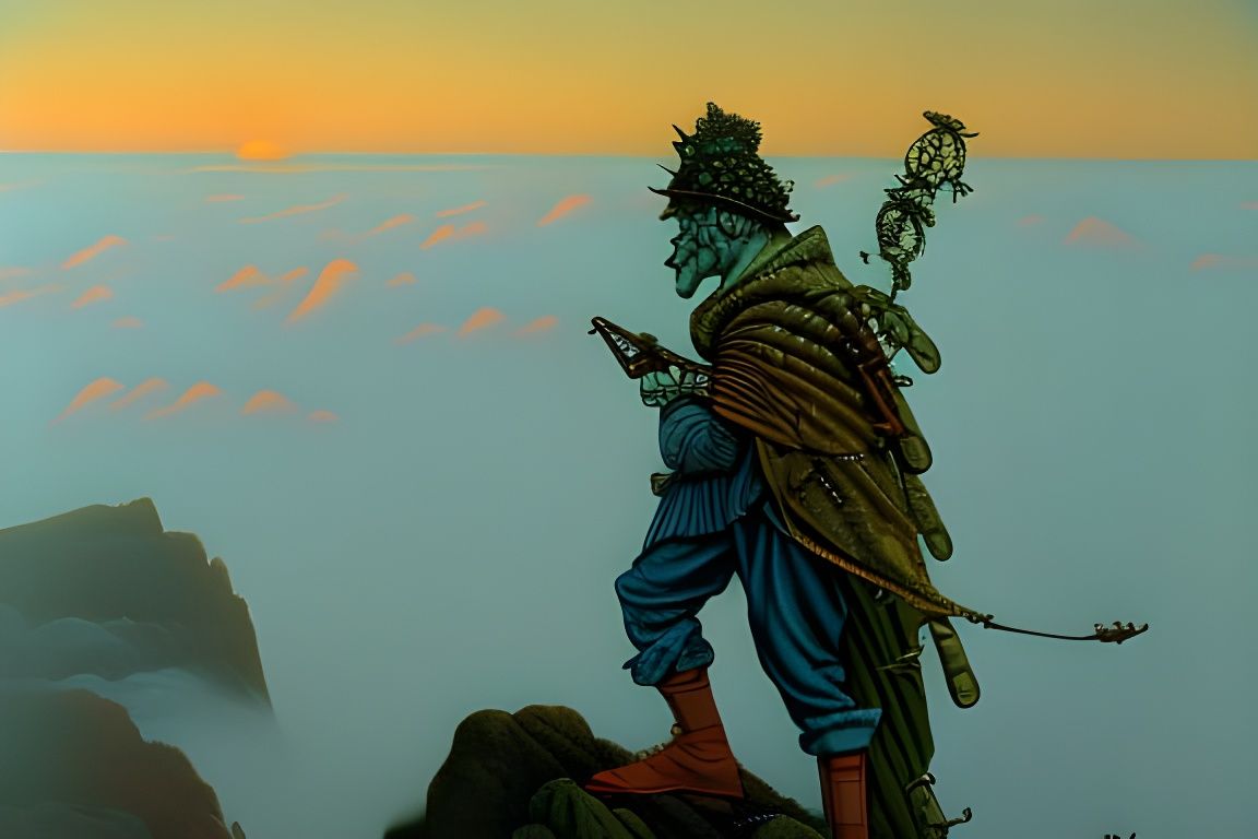 Ethereal Wanderer Surveys the Foggy Landscape in a Dreamy, A...