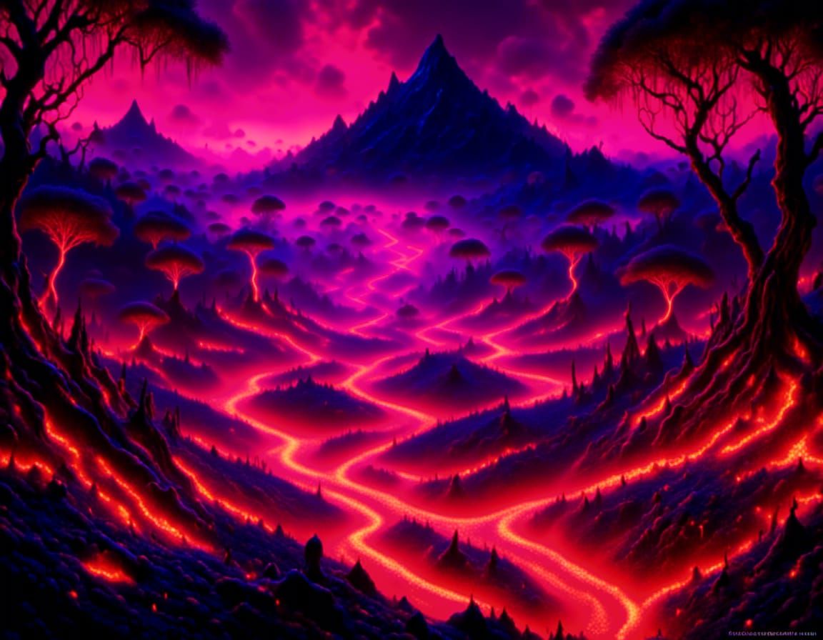 Bioluminescent Lava Field Landscape with Neon Lights