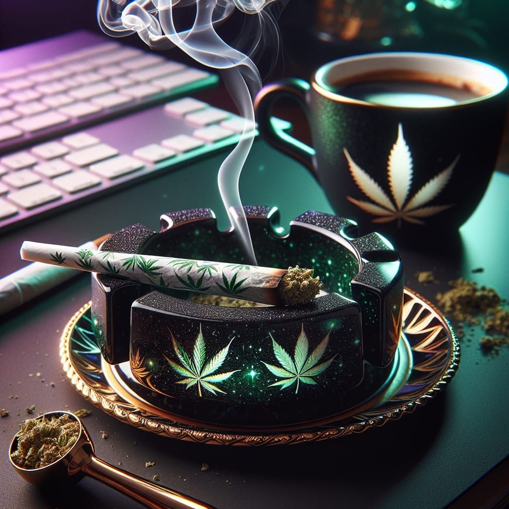 Cannabis Joint in Green Ashtray with Coffee