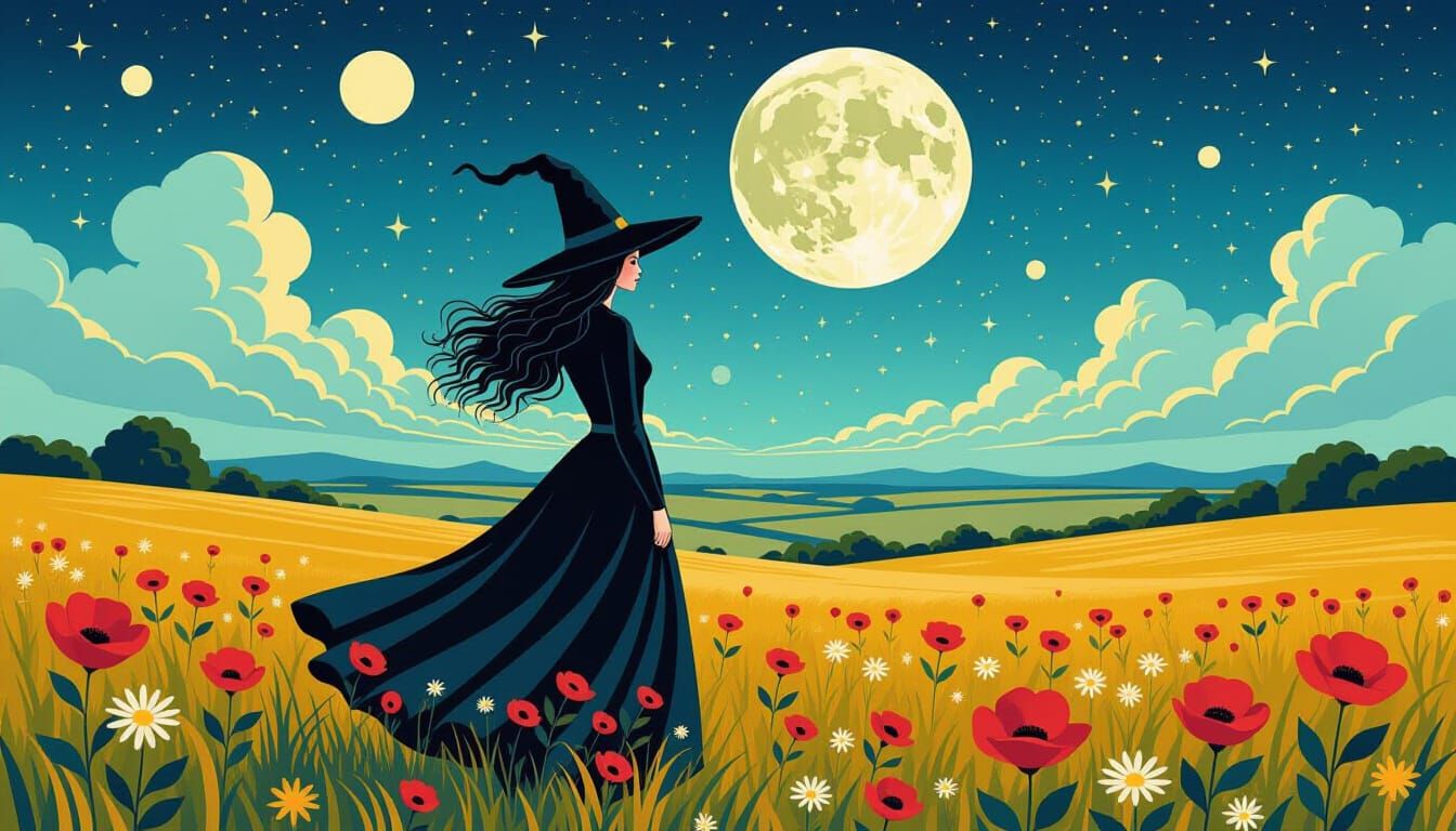 Mystical Witch Silhouette Against Cosmic Moonscape