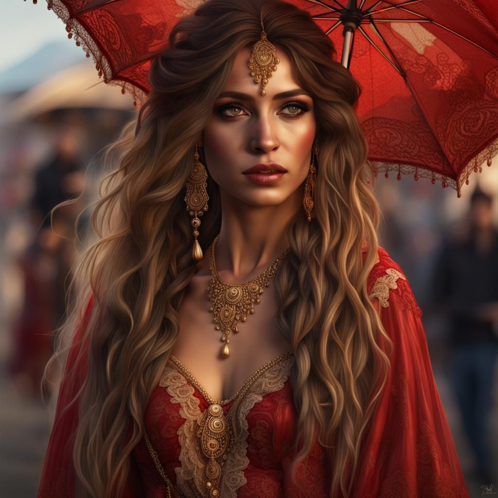 Hyperrealistic Gypsy Woman with Red Gold Dress