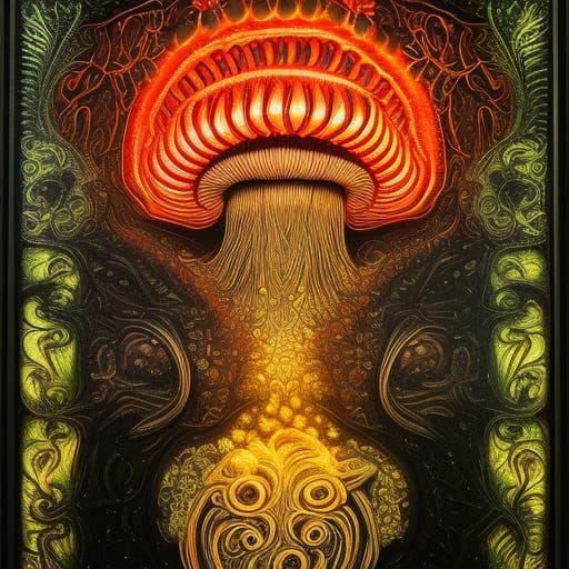 Mythical Mushroom Relief Carving with Neon Spores