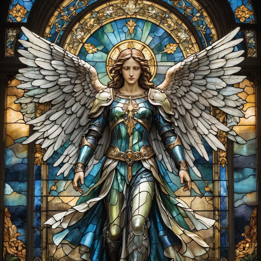 Gothic Stained Glass Angel in Mystical Setting