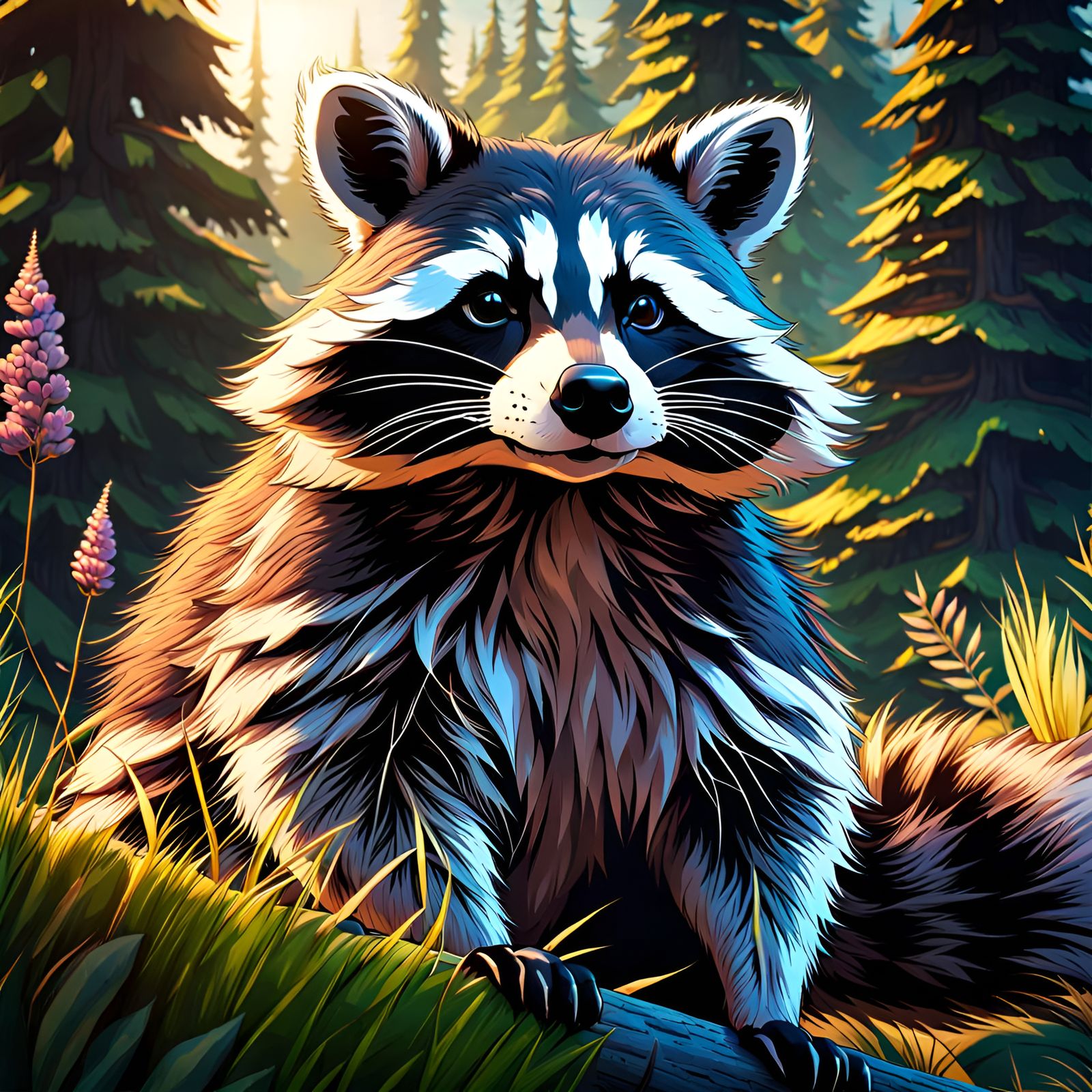 Realistic Raccoon Portrait in Summer Mountain Landscape