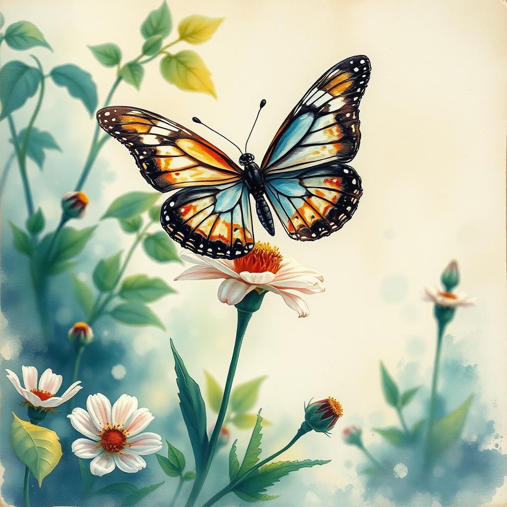 Butterfly on Flower in Dreamy Watercolor Style