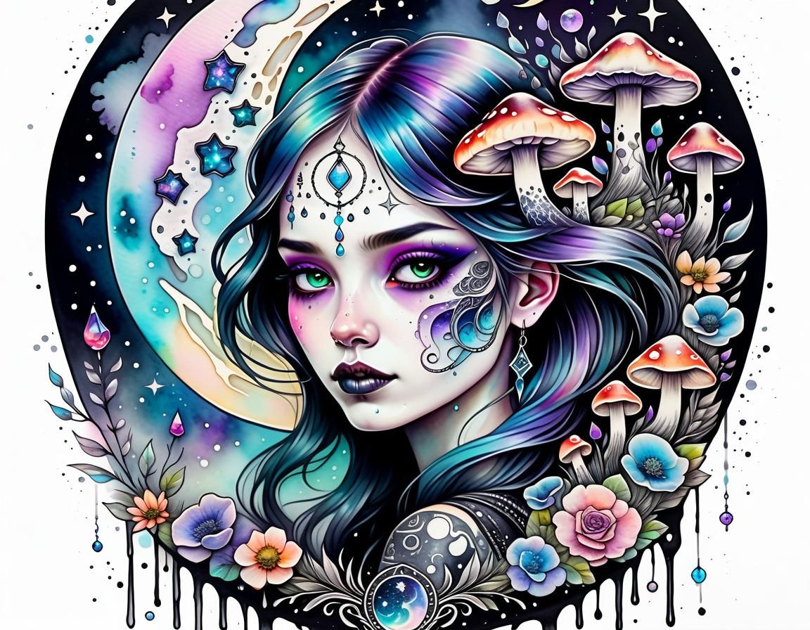 Pastel Goth Crescent Moon With Crystals and Runes