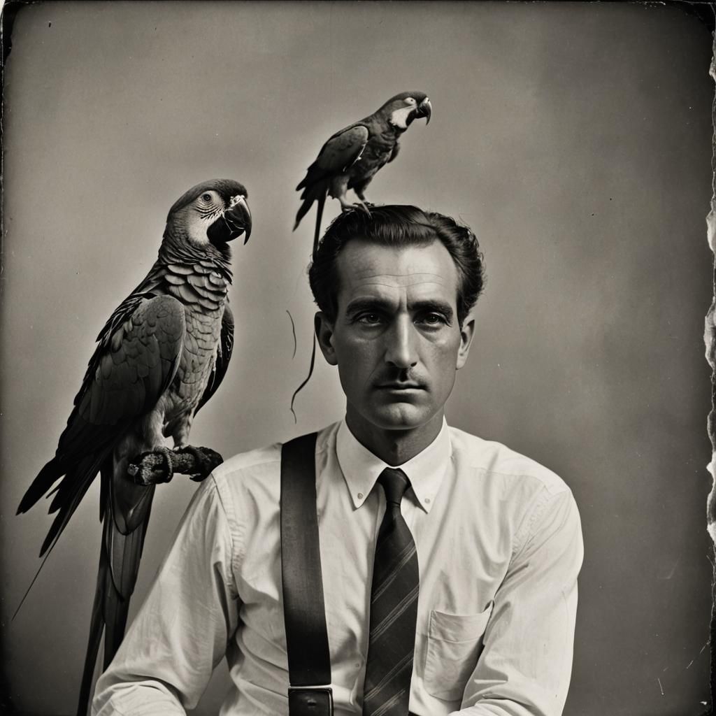 Vintage Portrait: Man with Parrot, Black and White