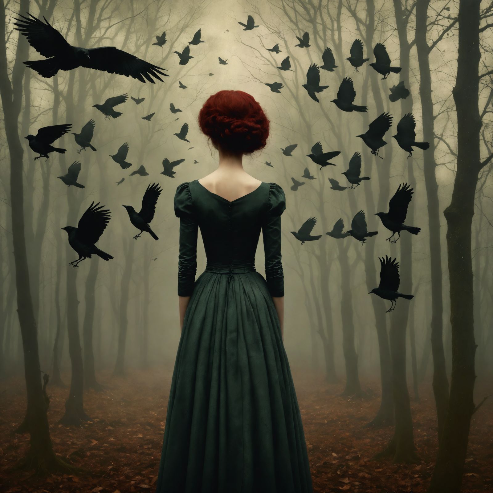 Crows in Dark Forest: Gothic Fairytale Scene