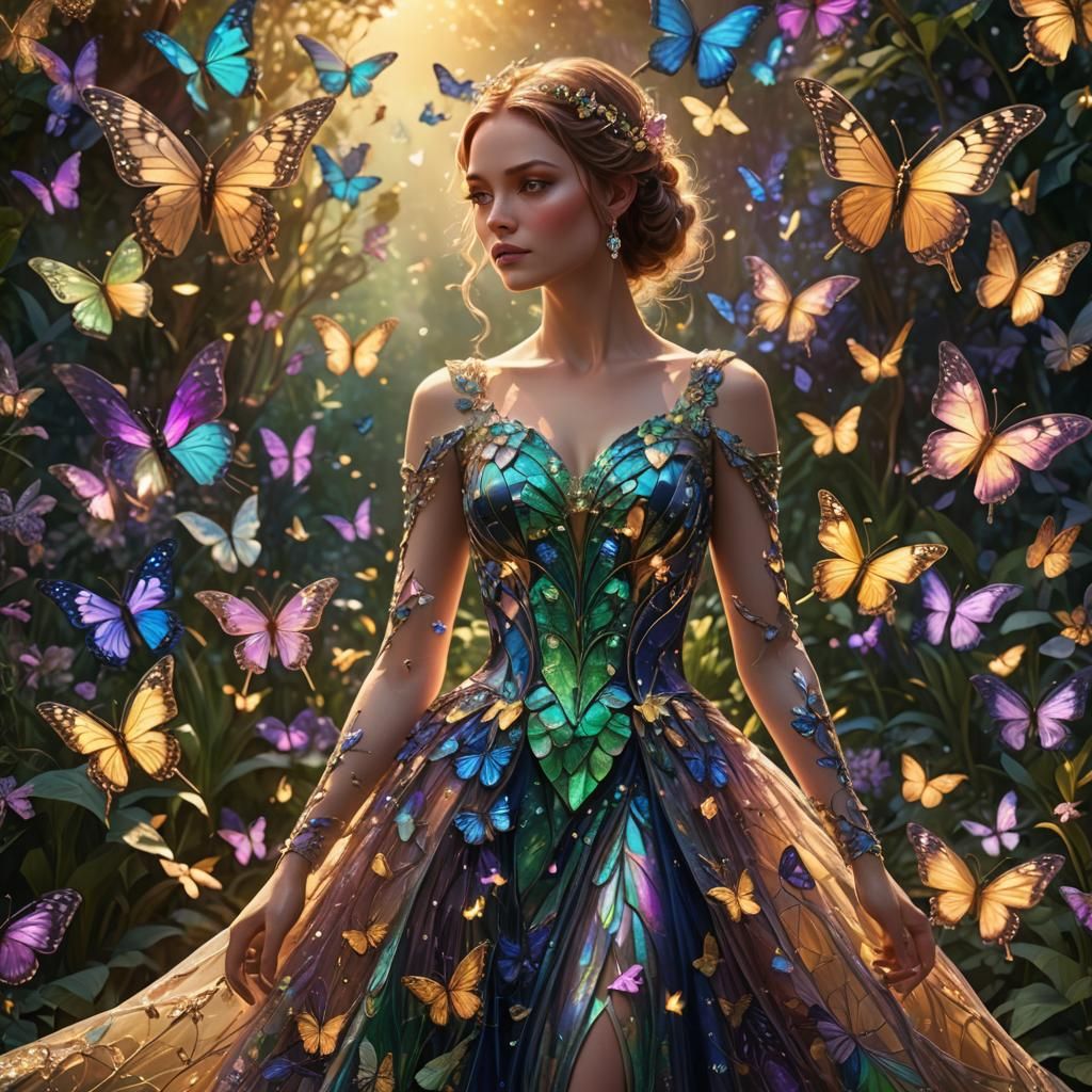 Woman in Butterfly Dress in Dream Garden