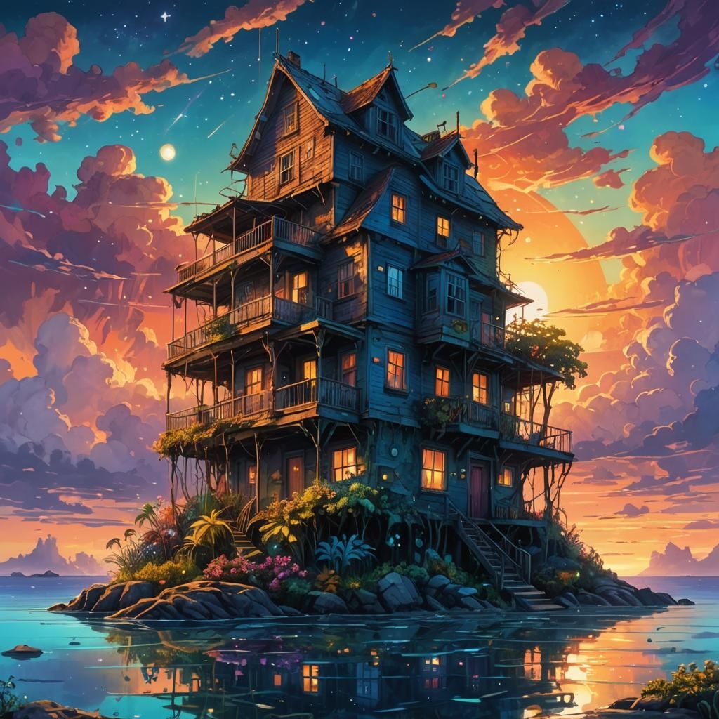 Cosmic Island House in Dreamlike Mixed Media Illustration