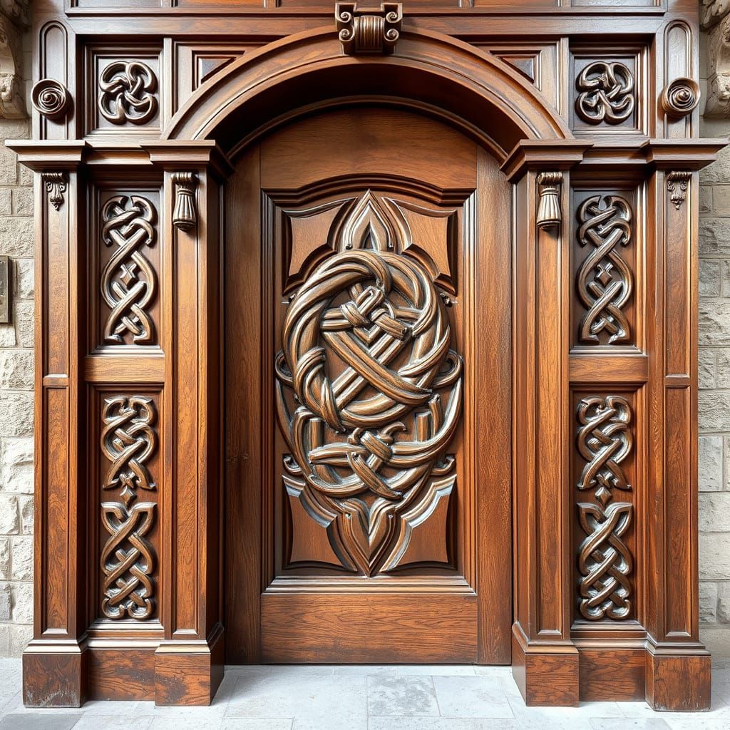 Intricate Celtic Knotwork on Polished Carved Wooden Door