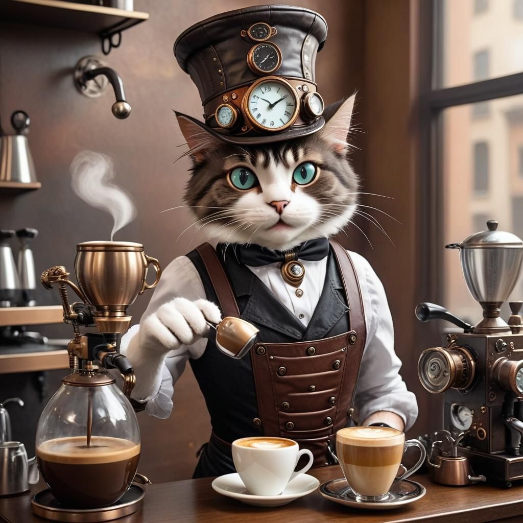 Steampunk Cat Barista Serving Espresso in Italy