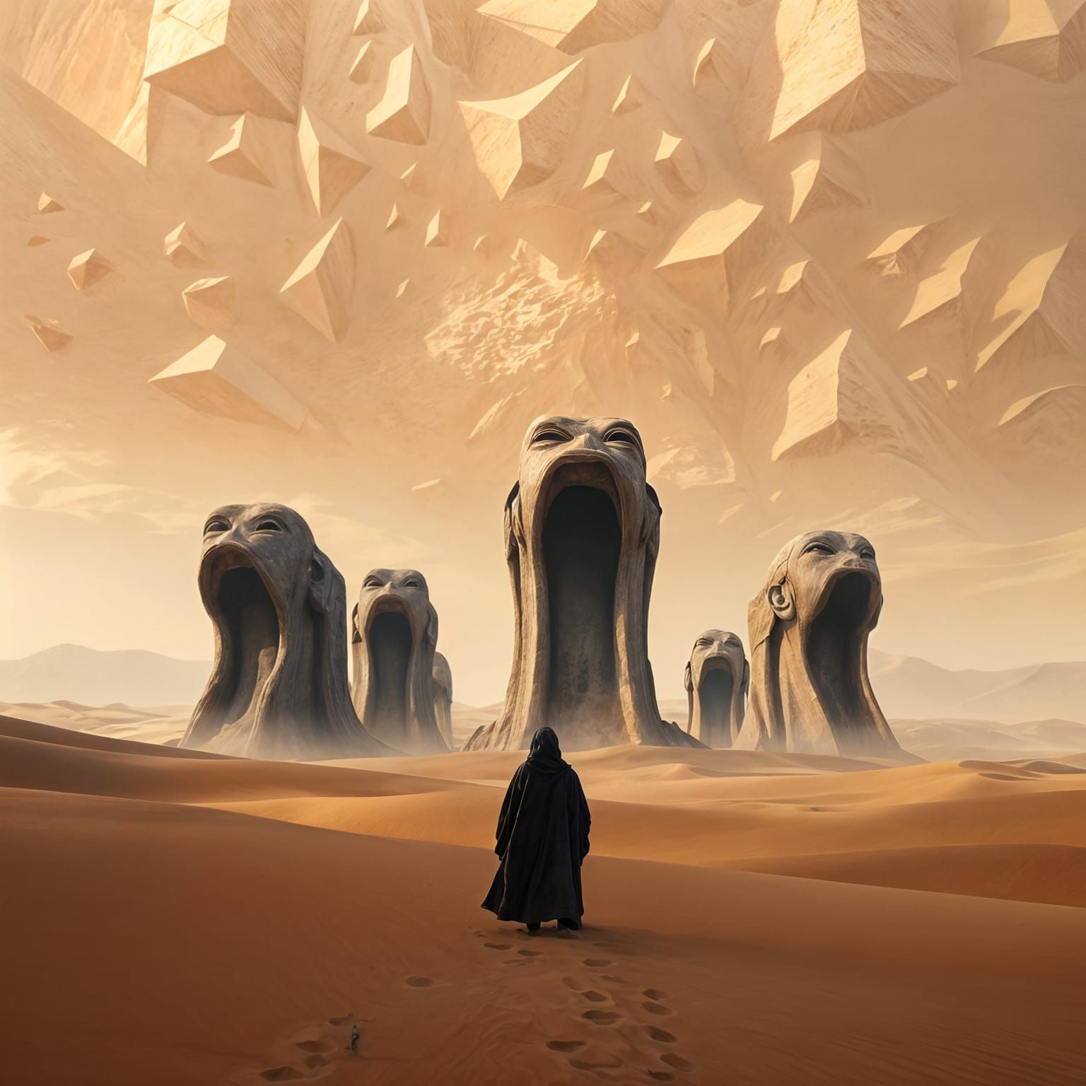 Surreal Desert Portrait with Geometric Sky