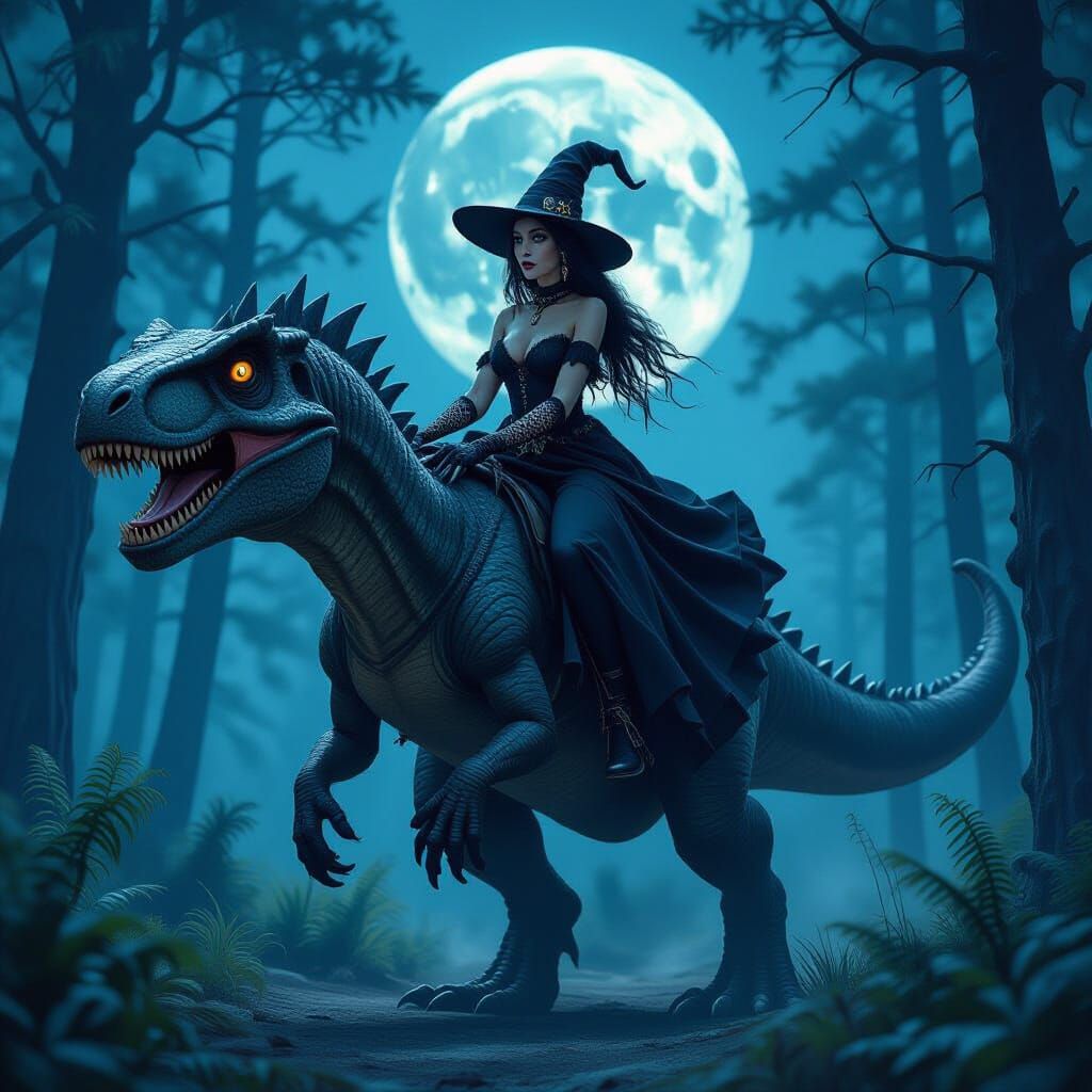Goth Witch Rides Dinosaur Through Moonlit Forest