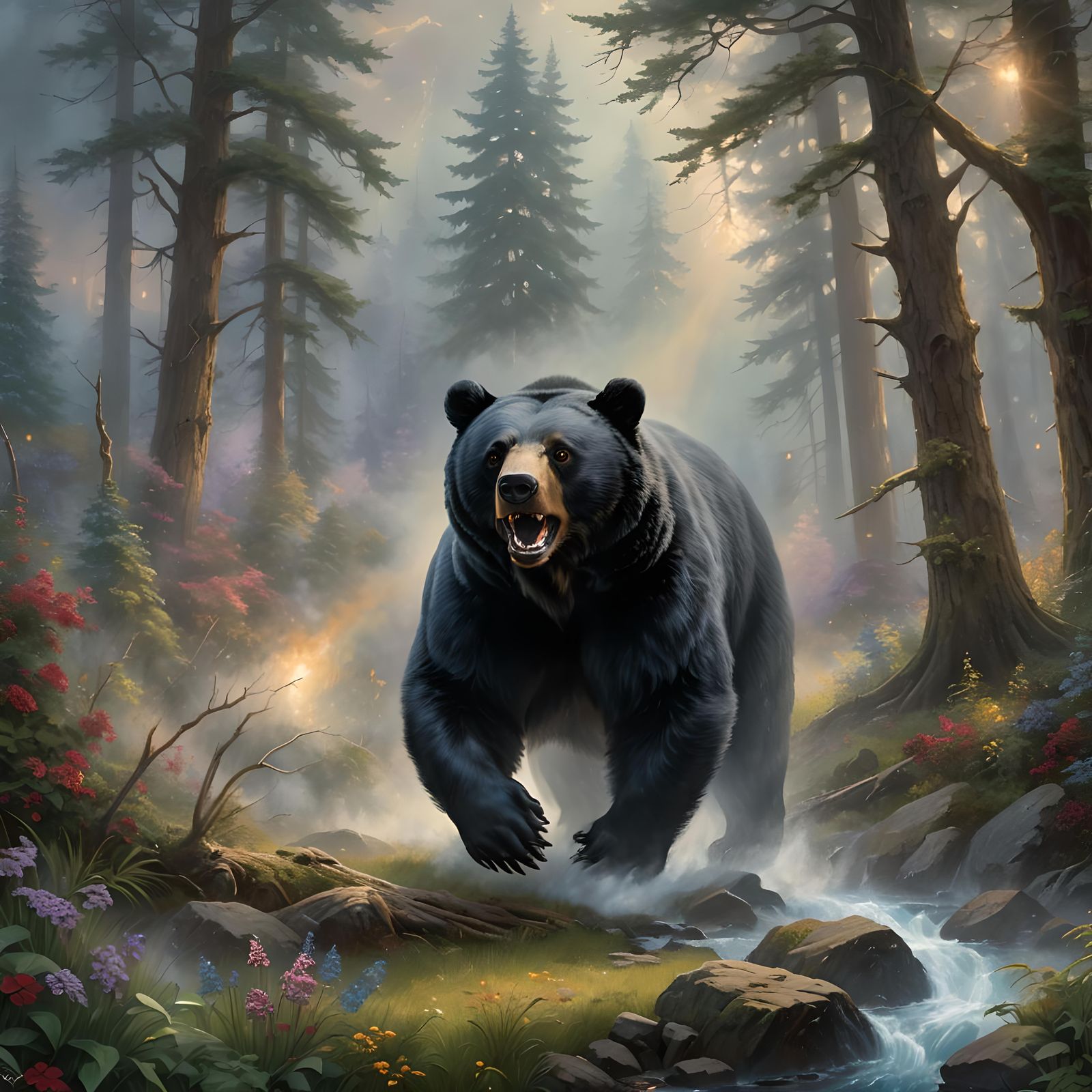 Furious Black Bear in Ethereal Landscape