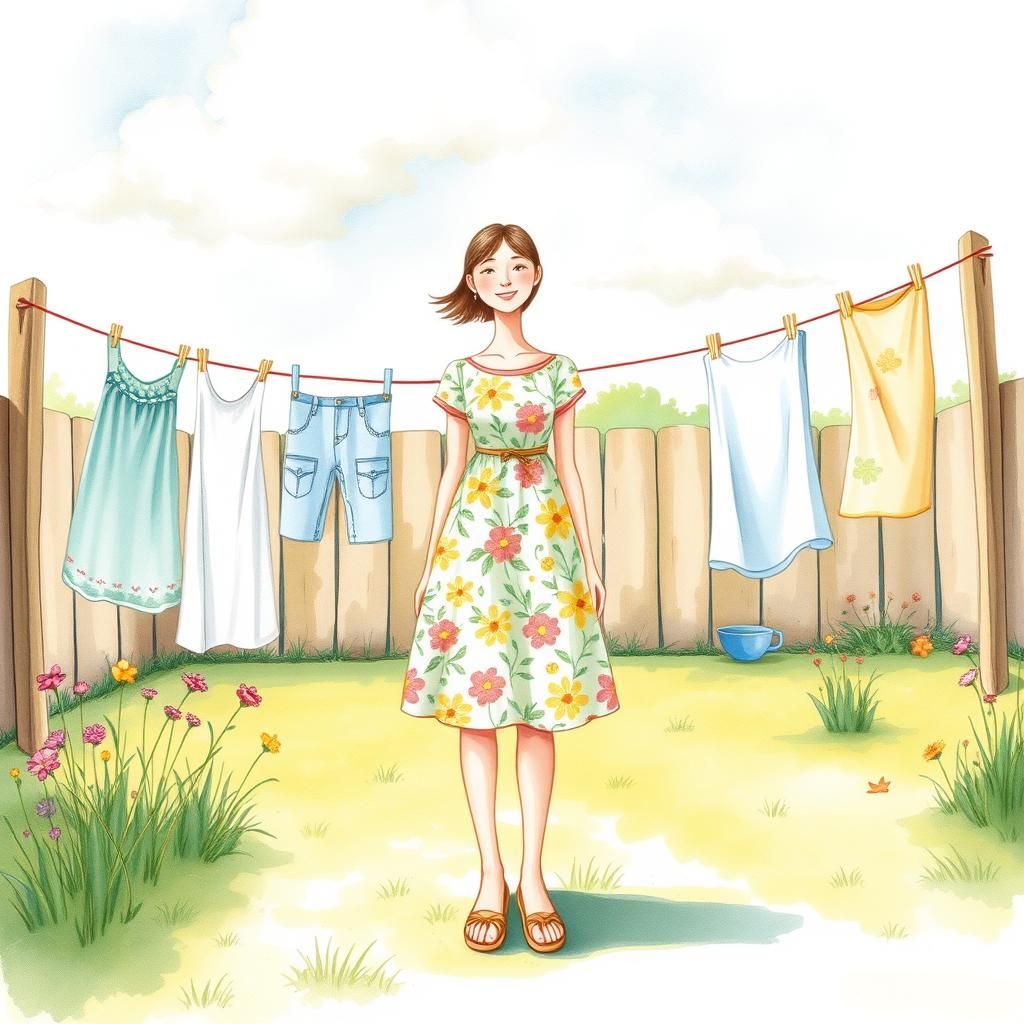 Whimsical Laundry Day Watercolor Illustration