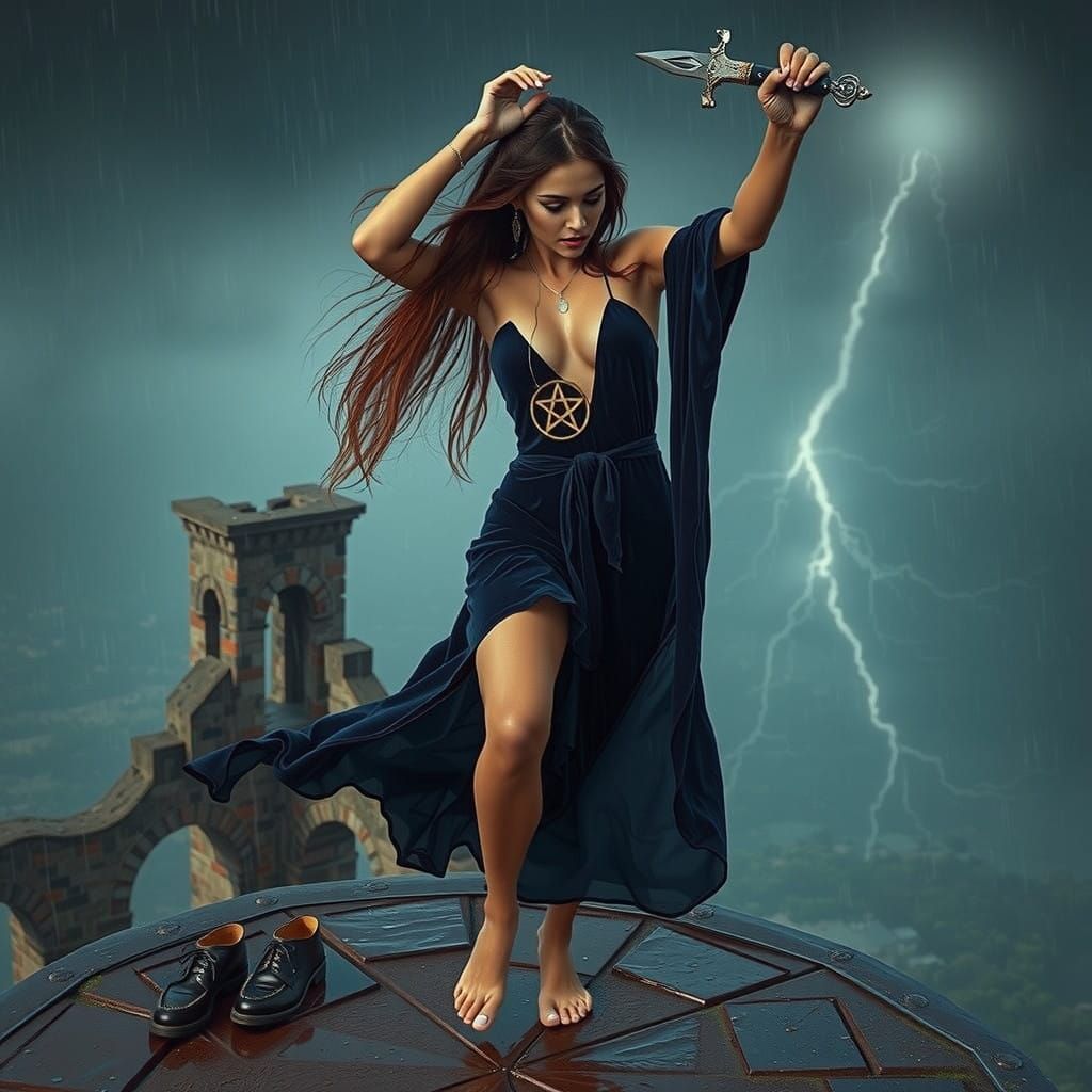 Seductive Dark Magic Enchantress Dances on Ruined Tower