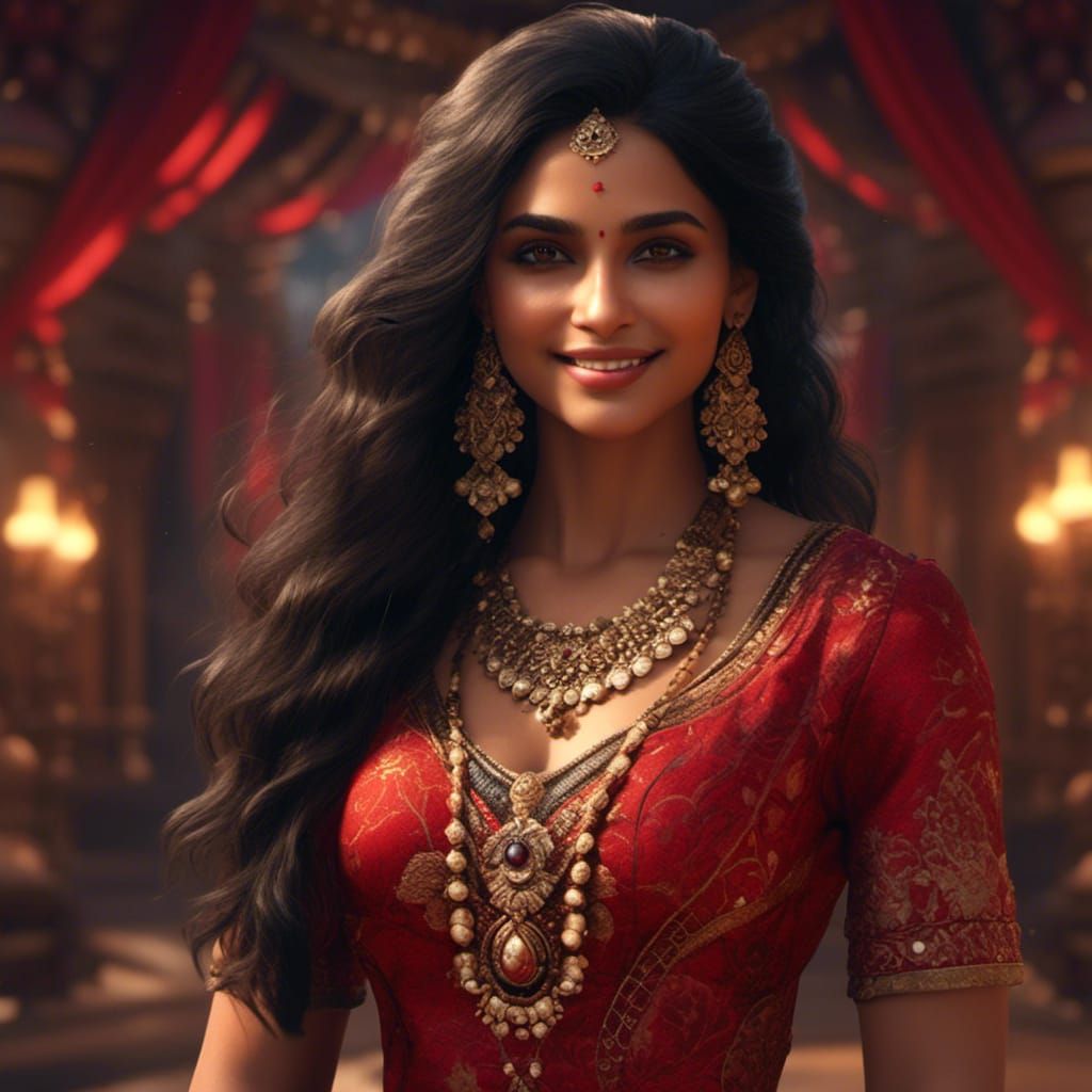 Voluptuous Indian Woman in Red Dress: Fantasy Art