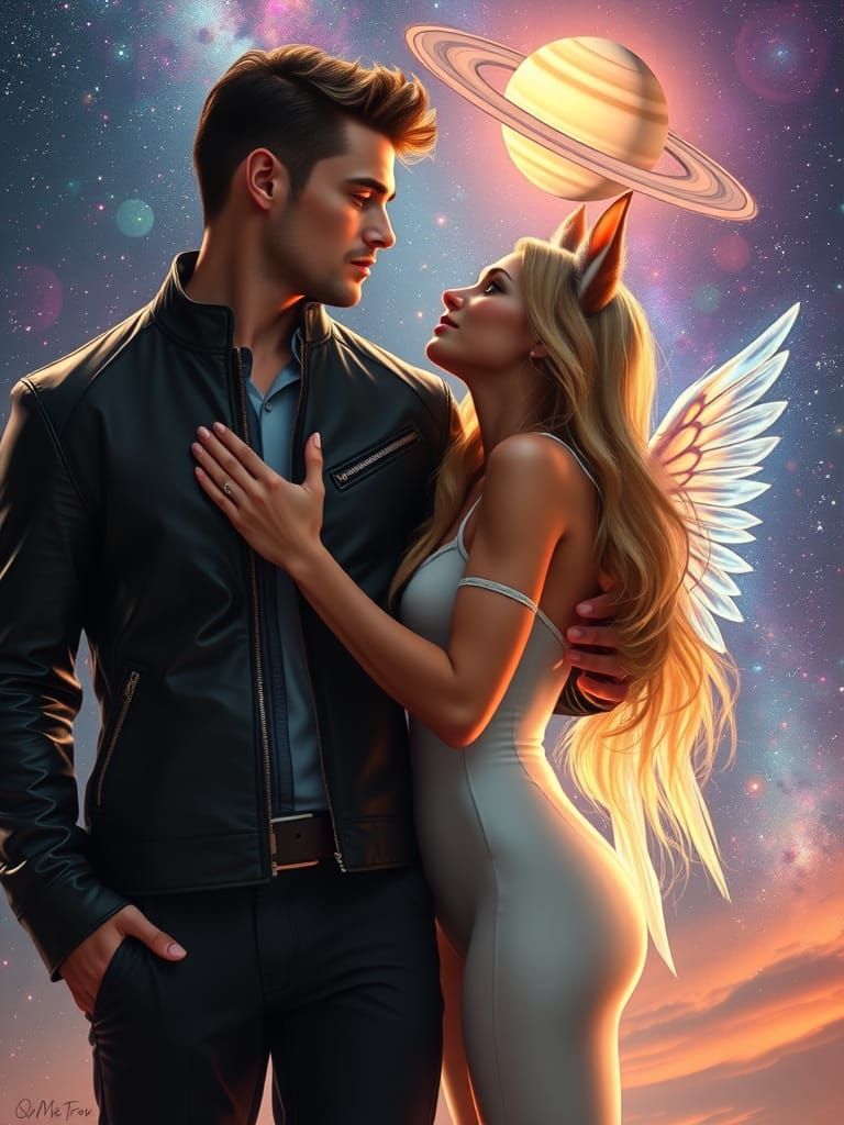 Ethereal Lovers with Rainbow Wings in a Vibrant Galaxy