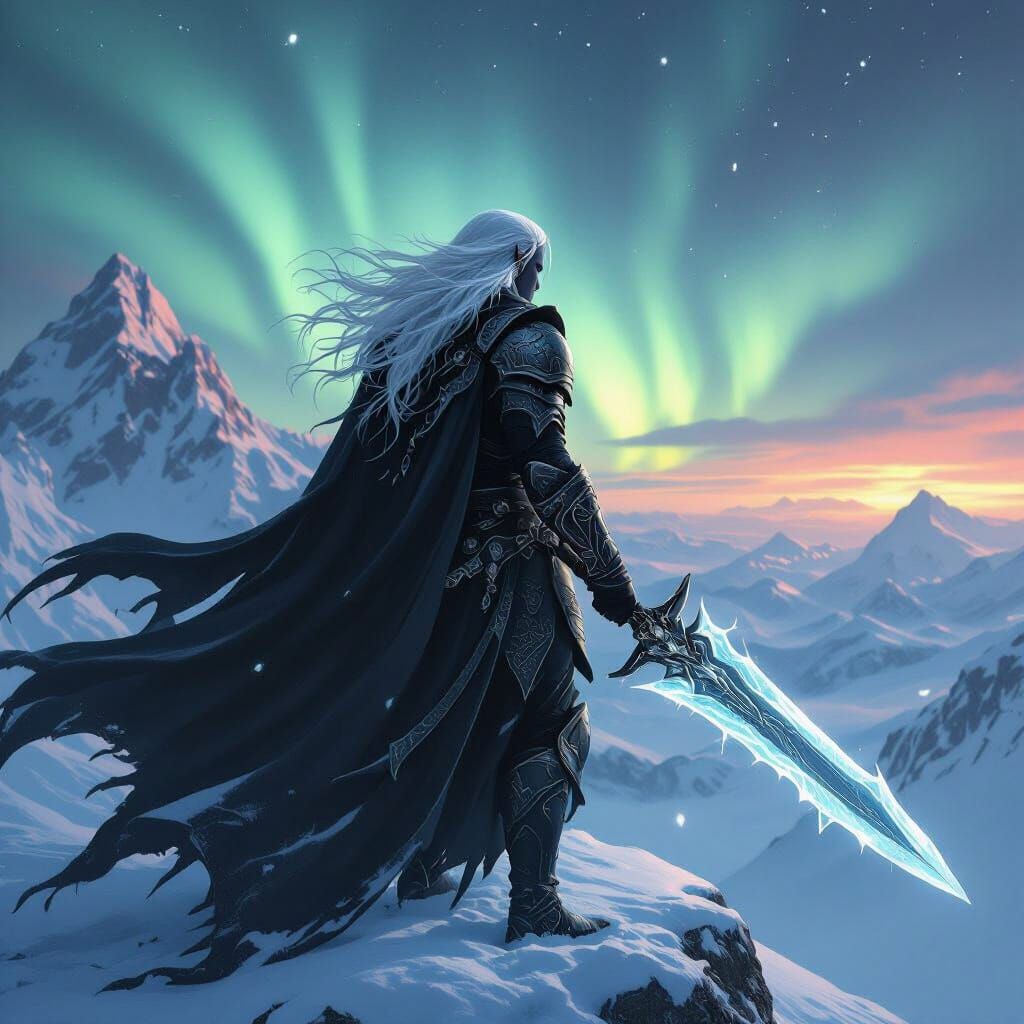 Dark Elf Warrior on Snowy Peak in Art Nouveau Style