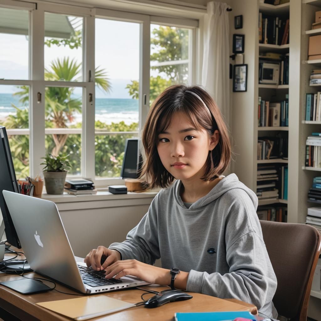 Girl with Silver Streak Works at Computer