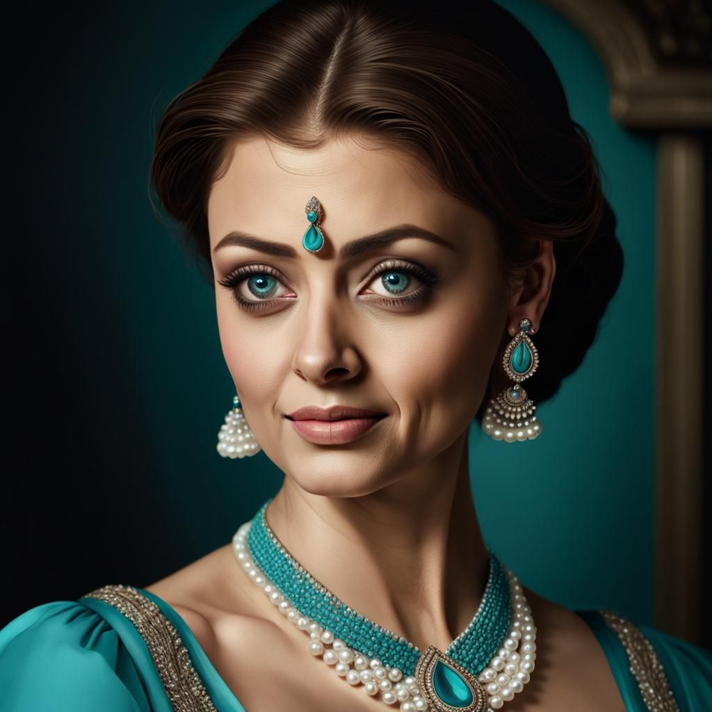 Elegant Turquoise Portrait with Peacock Earrings