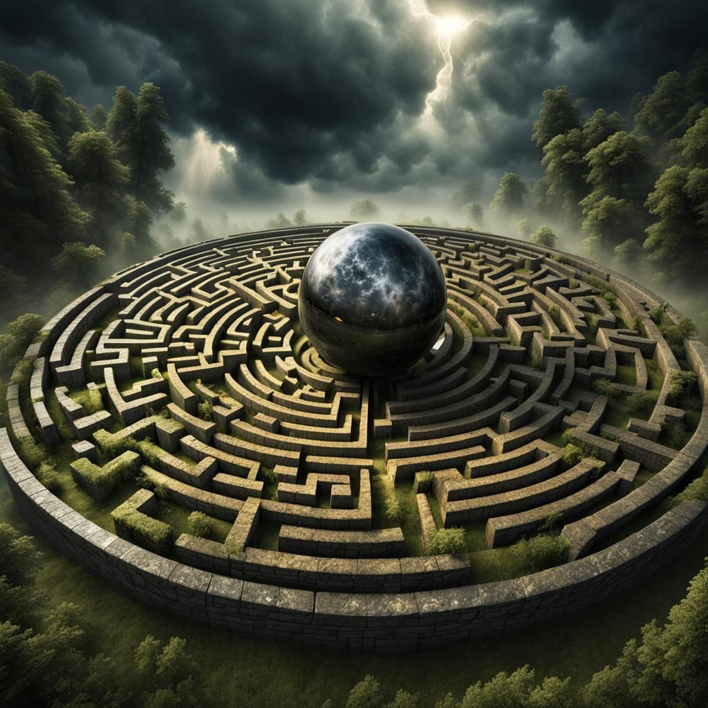 Mysterious Glowing Sphere Over Ancient Stone Maze