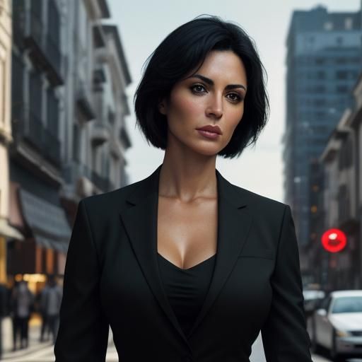 Beautiful Woman in Black Suit, Hyperrealistic Close-up