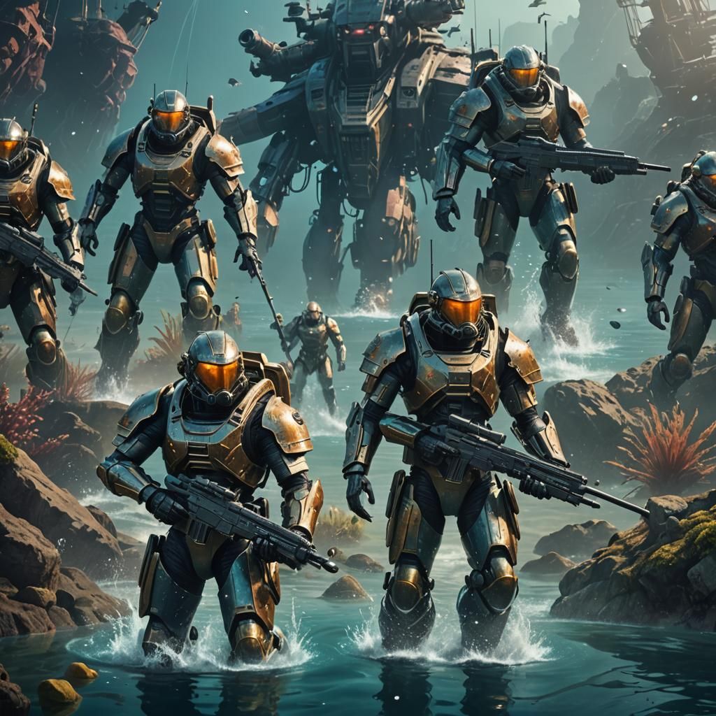 Underwater Armored Soldiers in Sci-Fi WaterWorld