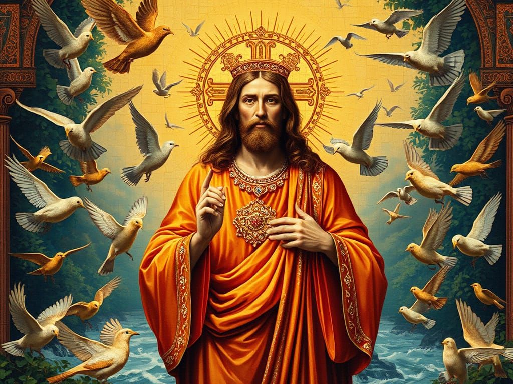 Byzantine Jesus Amidst Birds and Water in Golden Hues