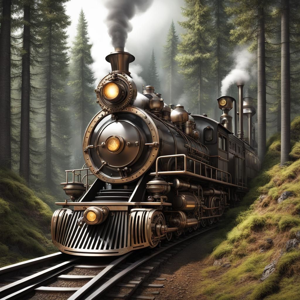 Steampunk Steam Train Descends Through Forest