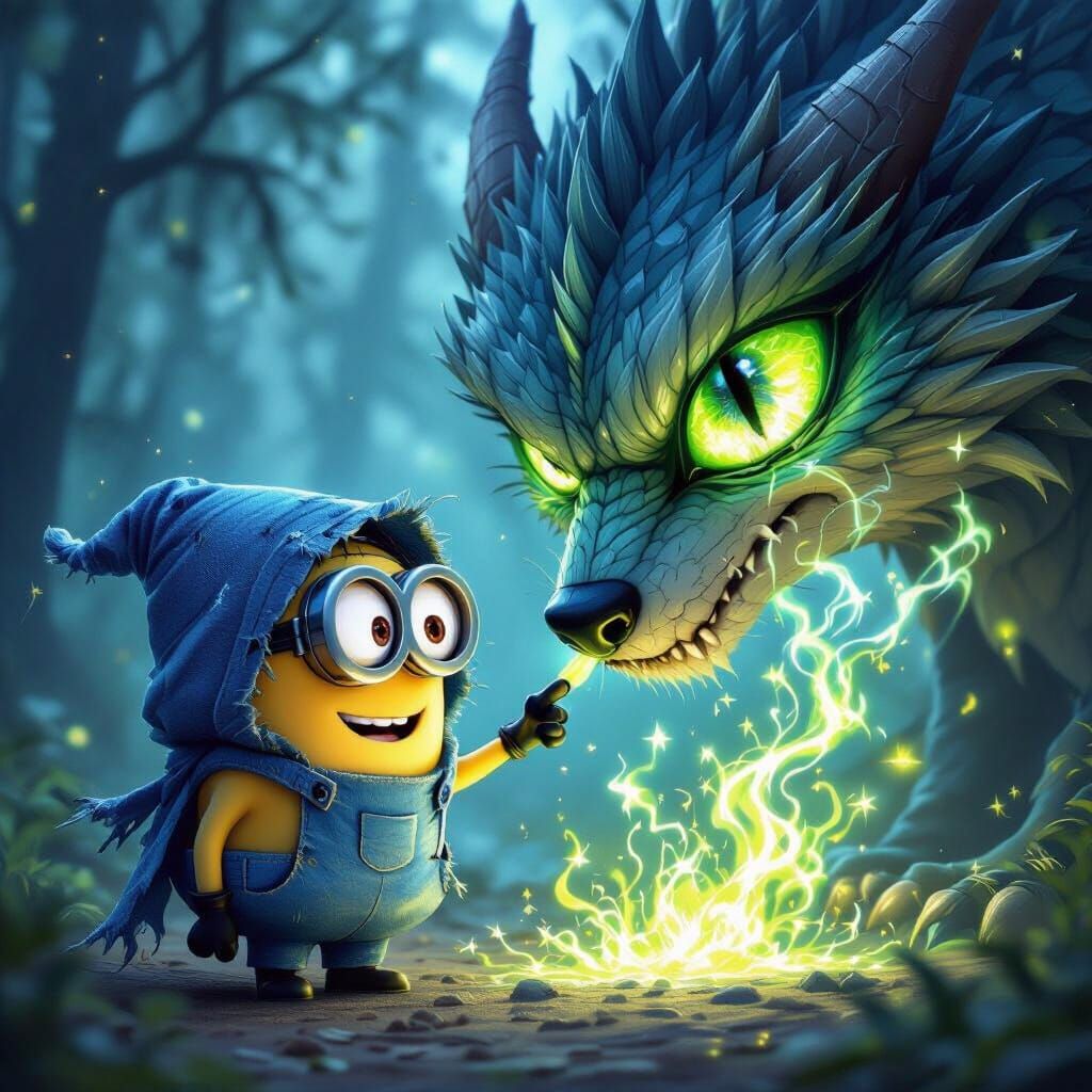 Cute Minion Touches Huge Dragon's Nose in Magical Forest